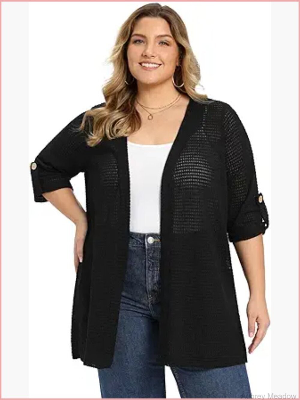 Plus Size Hollow Out 3/4 Sleeve Side Slits Long Open Front Knit Cardigan